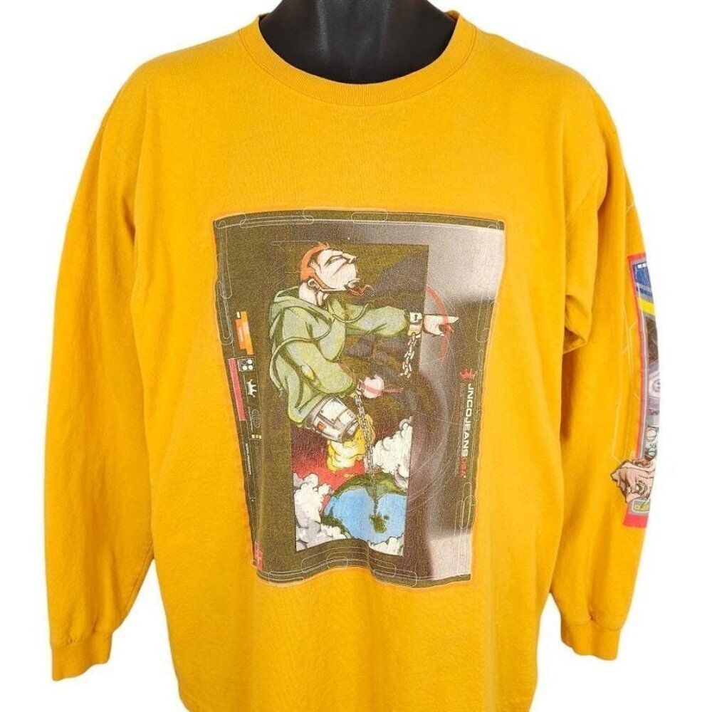 Vintage JNCO Jeans T Shirt Mens Size Medium Yellow 90s Graffiti Rave Made In USA